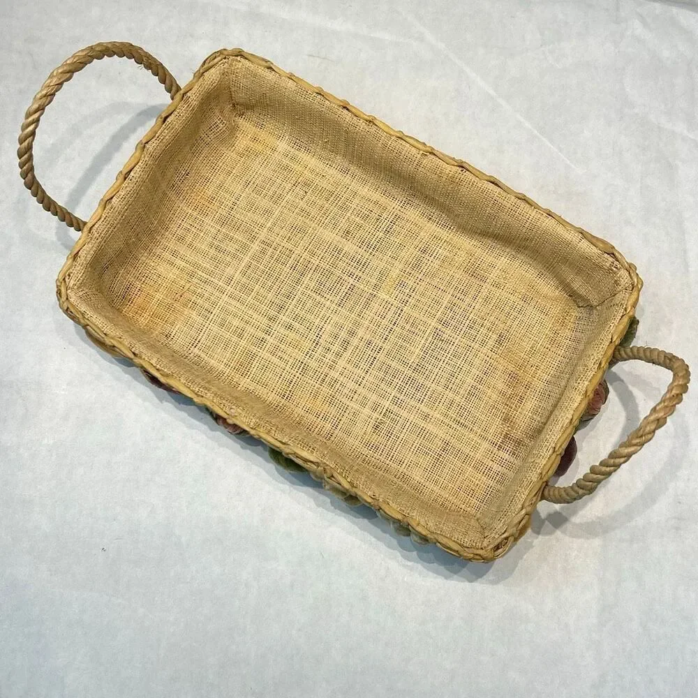 Vtg Woven Straw Lined Basket with 3D Fruit on Sides Phillipines Handmade Boho